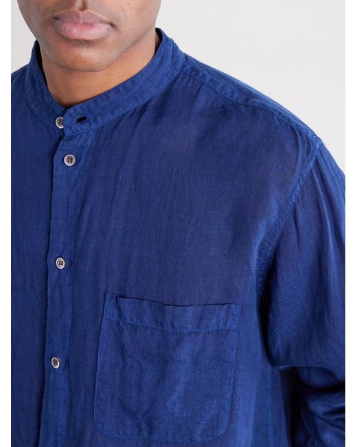 Blue Blue Japan Blue Grandad-collar Linen-chambray Shirt for men