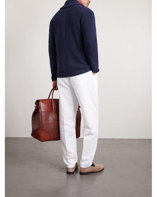 Brunello Cucinelli Blue Shawl-Collar Double-Breasted Ribbed Cotton Cardigan for men