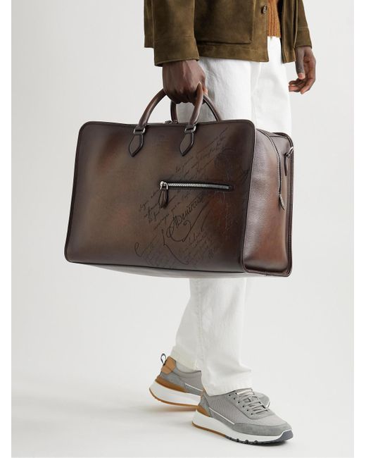 Berluti Brown Overnight Scritto Venezia Softy Leather Weekend Bag for men