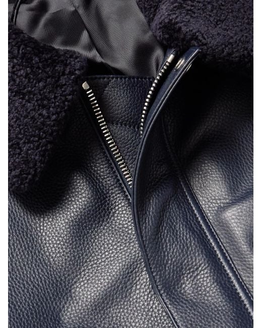 Mr P. Blue Shearling-Trimmed Full-Grain Leather Blouson Jacket for men