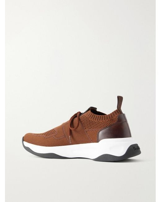 Berluti Brown Shadow Leather-Trimmed Stretch-Knit Sneakers for men