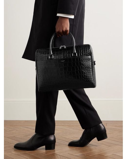 Saint Laurent Black Croc-Effect Leather Briefcase for men