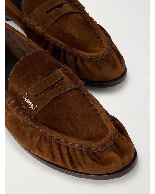 Saint Laurent Brown Le Loafer Monogram Logo-Appliquéd Suede Penny Loafers for men