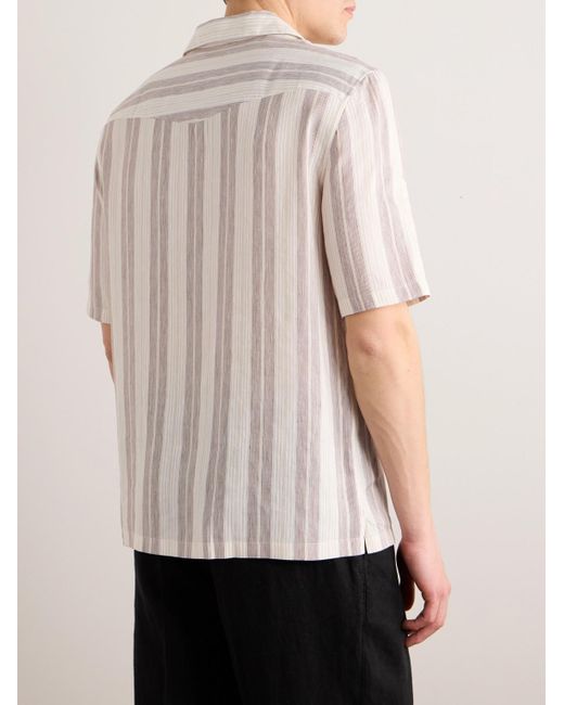 Camicia in misto lino e lyocell a righe con colletto aperto di Brunello Cucinelli in White da Uomo