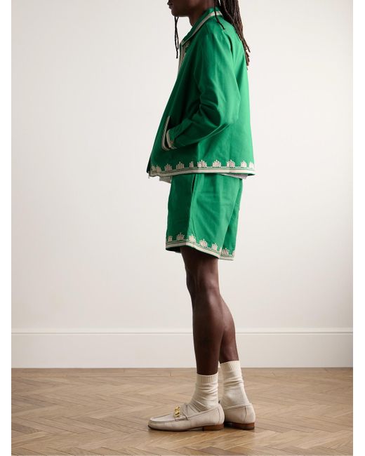 Bode Green Ripple Straight-leg Embellished Grosgrain-trimmed Cotton-canvas Shorts for men