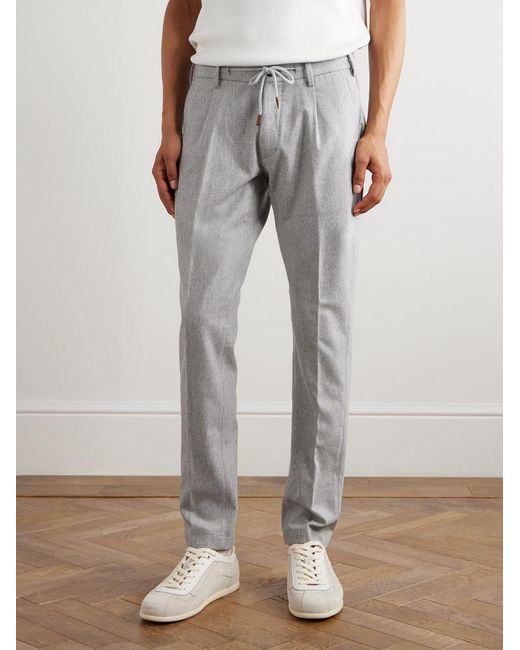 Eleventy Gray Slim-Fit Straight-Leg Pleated Stretch Wool And Cashmere-Blend Drawstring Trousers for men