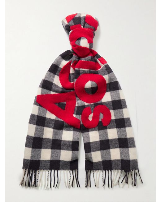Acne Red Veda Logo-Appliquéd Fringed Checked Wool-Blend Scarf for men