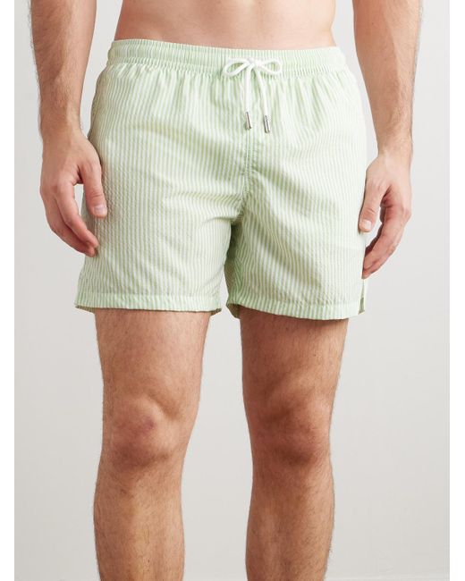 Thom Sweeney Green Straight-Leg Mid-Length Striped Swim Shorts for men