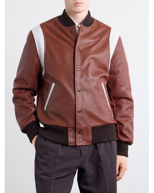 Golden Bear Brown Perforated Fabric Trimmed Leather Jacket for men