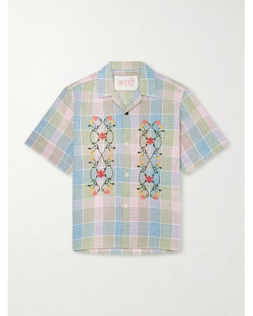 Kardo Blue Ronen Camp-Collar Floral-Embroidered Checked Cotton And Linen-Blend Shirt for men
