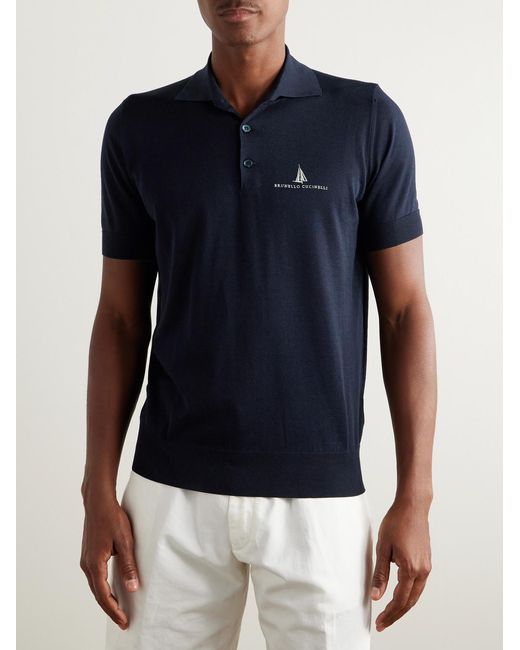 Brunello Cucinelli Blue Slim-fit Logo-embroidered Silk And Cotton-blend Polo Shirt for men