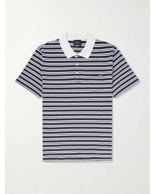 A.P.C. Blue Oscar Logo-Embroidered Striped Organic Cotton-Piqué Polo Shirt for men