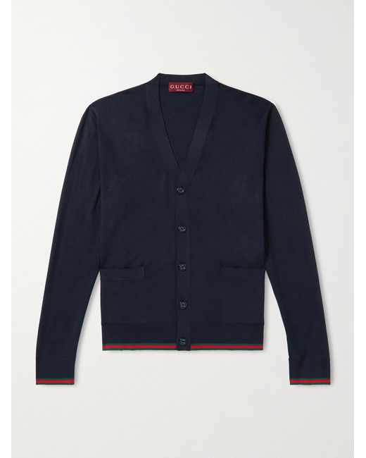 Gucci Blue Webbing-Trimmed Wool Cardigan for men