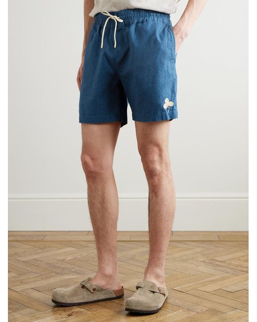 Portuguese Flannel Blue Straight-Leg Embroidered Ramie Drawstring Shorts for men