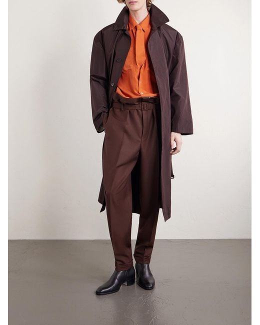 Saint Laurent Brown Tapered Belted Pleated Wool And Mohair-Blend Trousers for men