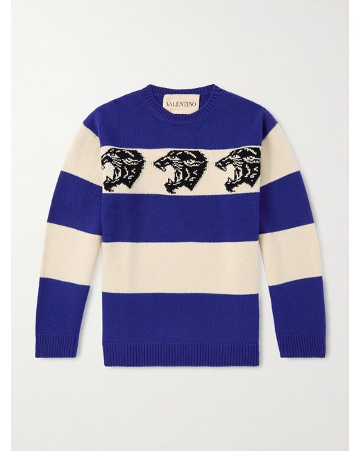 Valentino Garavani Blue Striped Jacquard-Knit Wool Sweater for men