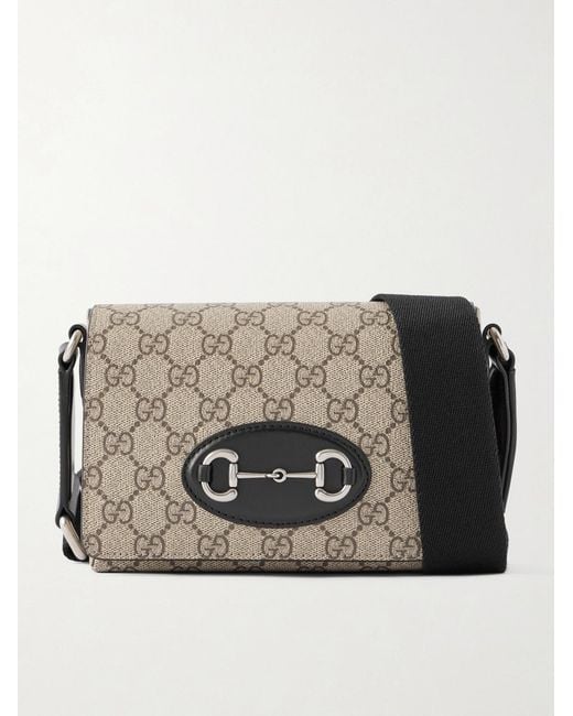 Gucci Black Horsebit 1955 Mini Leather-Trimmed Monogrammed Coated-Canvas Messenger Bag for men