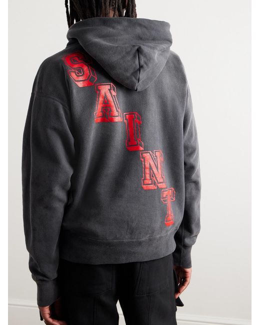 SAINT Mxxxxxx Gray Distressed Printed Cotton-Jersey Hoodie for men