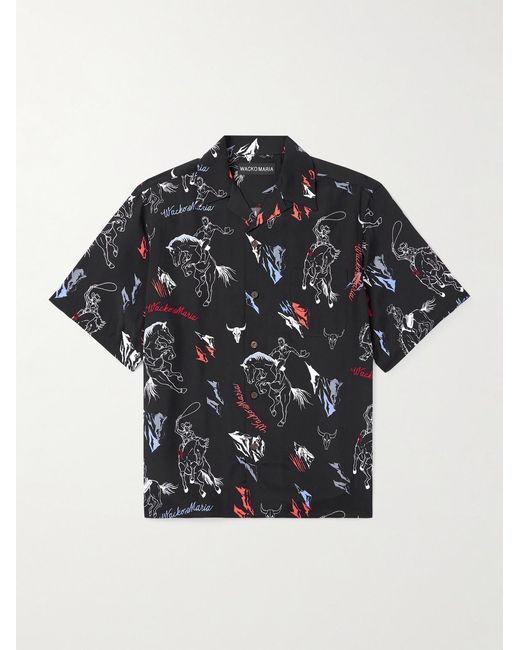 Wacko Maria Black Convertible-collar Printed Woven Shirt for men