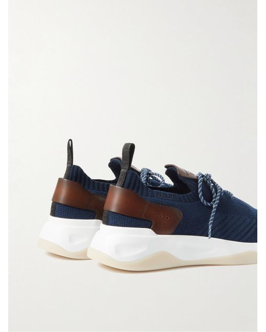 Berluti Blue Shadow Venezia Leather-trimmed Stretch-knit Sneakers for men