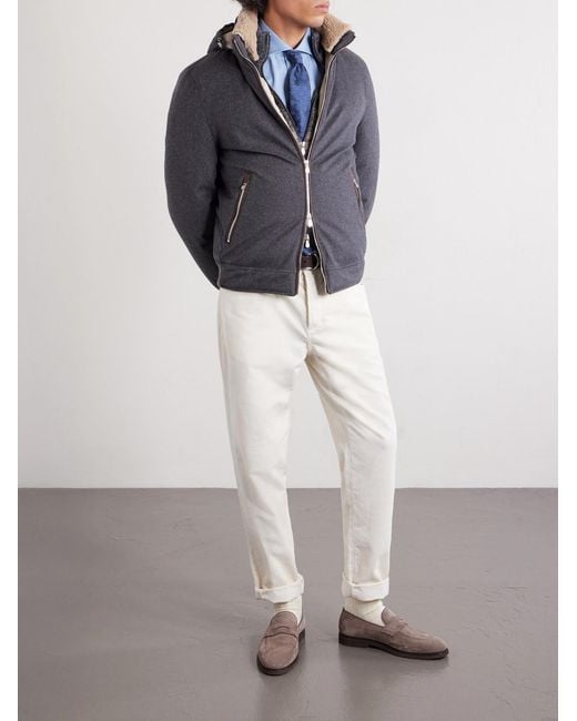 Brunello Cucinelli Blue Shearling-Trimmed Wool Hooded Down Jacket for men