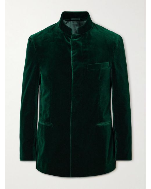 Kingsman Green Argylle Nehru-collar Cotton-velvet Jacket for men
