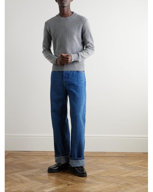 AMI Gray Logo-Embroidered Cashmere And Wool-Blend Sweater for men