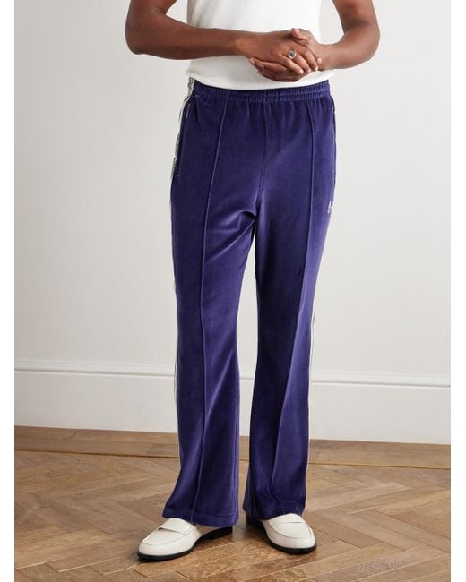 Needles Blue Flared Webbing-trimmed Logo-embroidered Cotton-blend Velour Track Pants for men