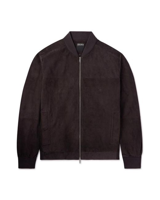 Zegna Black Leather-trimmed Suede Bomber Jacket for men