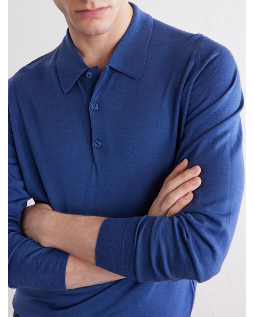 John Smedley Blue Caverhill Knitted Merino Wool Polo Shirt for men