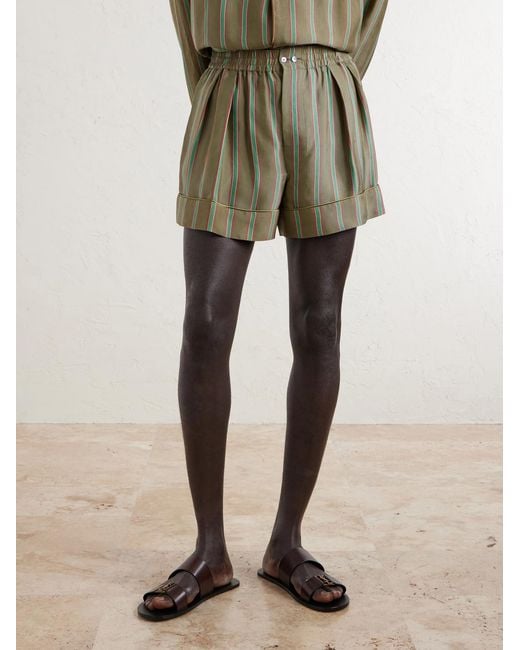 Saint Laurent Green Wide-leg Piped Pleated Striped Recycled-twill Shorts for men
