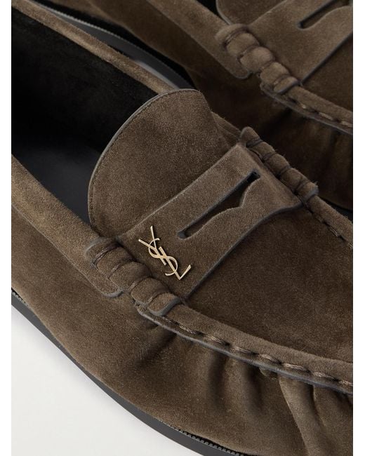 Saint Laurent Gray Le Loafer Monogram Logo-Appliquéd Suede Penny Loafers for men