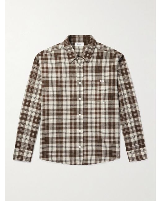 Céline Natural Logo-Embroidered Checked Wool-Flannel Shirt for men