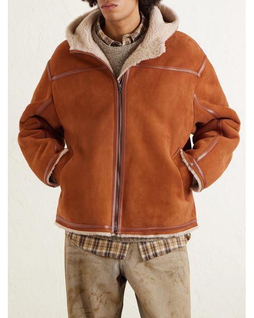 The Elder Statesman Brown Leather-Trimmed Shearling Hooded Jacket for men
