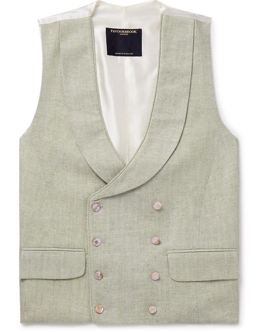 Favourbrook Gray Shawl-collar Double-breasted Herringbone Linen And Silk-blend And Satin Waistcoat for men