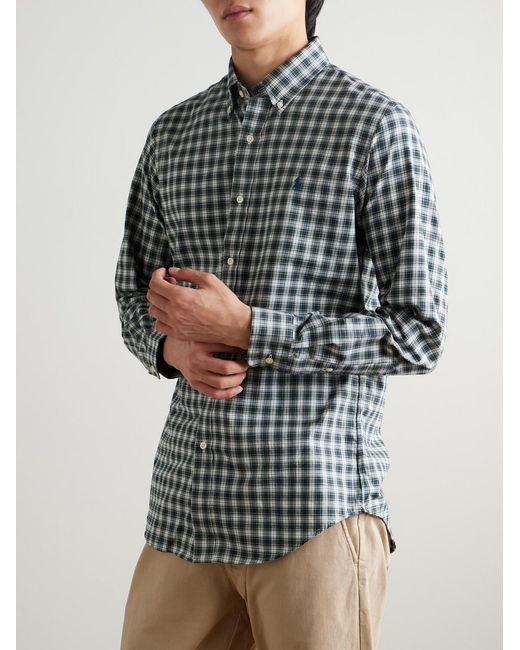 Polo Ralph Lauren Blue Button-Down Collar Logo-Embroidered Checked Cotton Shirt for men