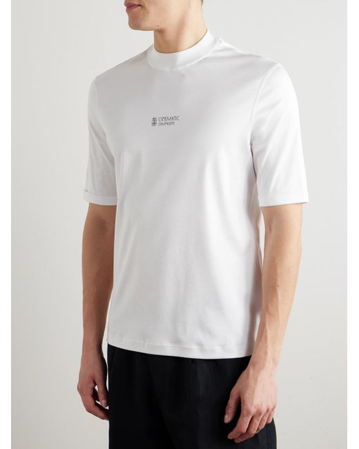 Brunello Cucinelli T-Shirt aus Baumwoll-Jersey mit Logoprint und Stehkragen in White für Herren