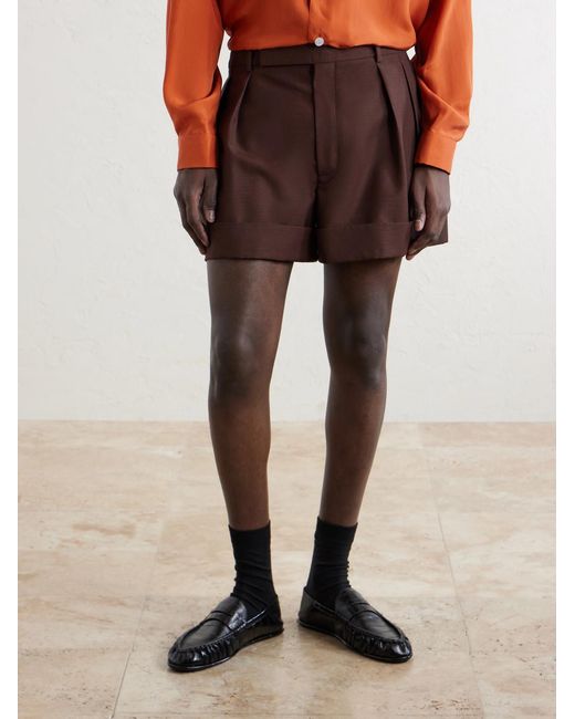 Saint Laurent Brown Straight-leg Pleated Wool And Mohair-blend Shorts for men