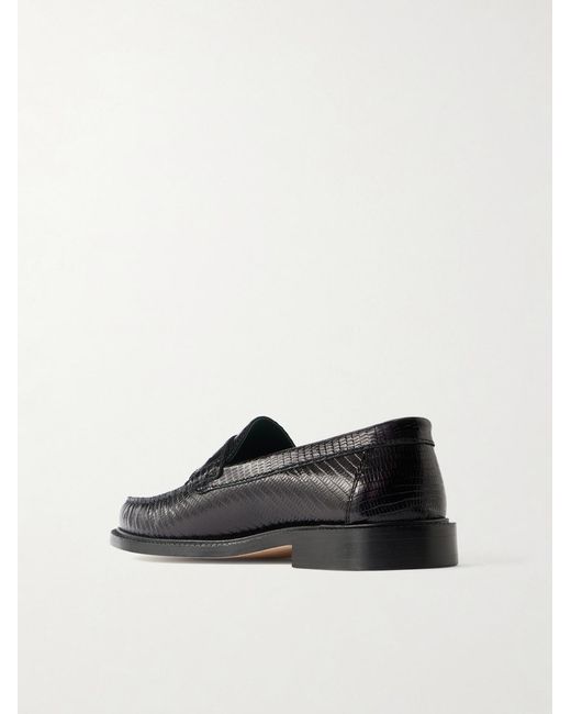 VINNY'S Black Yardee Lizard-effect Leather Penny Loafers for men