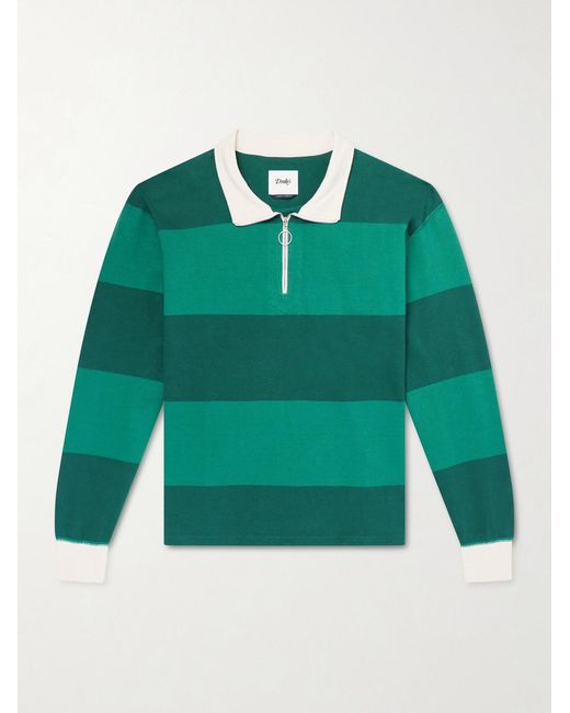 Drake's Green Striped Cotton-Jersey Half-Zip Polo Shirt for men