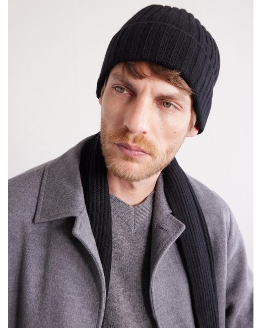 Ribbed Cashmere Beanie And Scarf Set di Mr P. in Black da Uomo