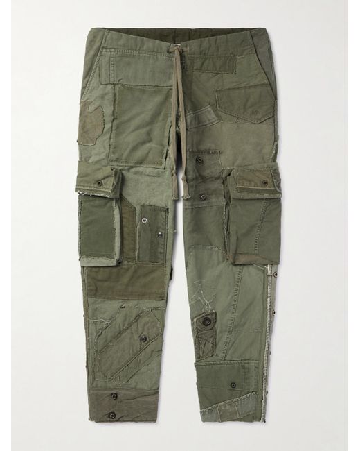 Greg Lauren Green Mixed Army Lounge Tapered Patchwork Cotton Cargo Trousers for men