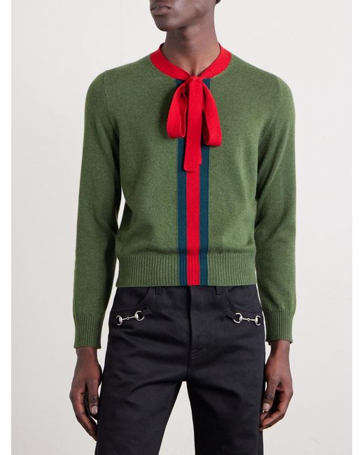 Gucci Green Slim-Fit Cropped Wool-Trimmed Striped Cashmere Sweater for men