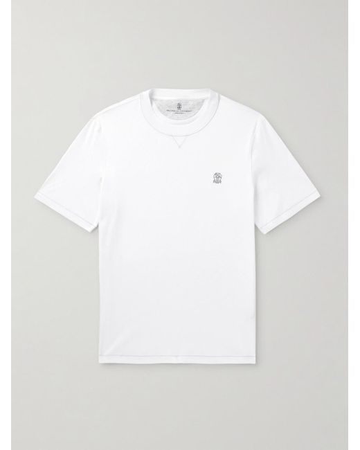 Brunello Cucinelli White Logo-Embroidered Cotton-Jersey T-Shirt for men