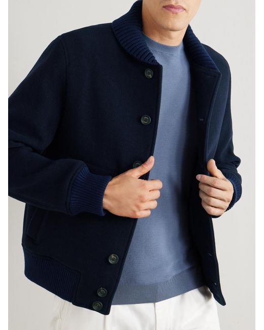 Eleventy Schmal geschnittene Bomberjacke aus einer Wollmischung mit Rippstrickbesatz in Blue für Herren