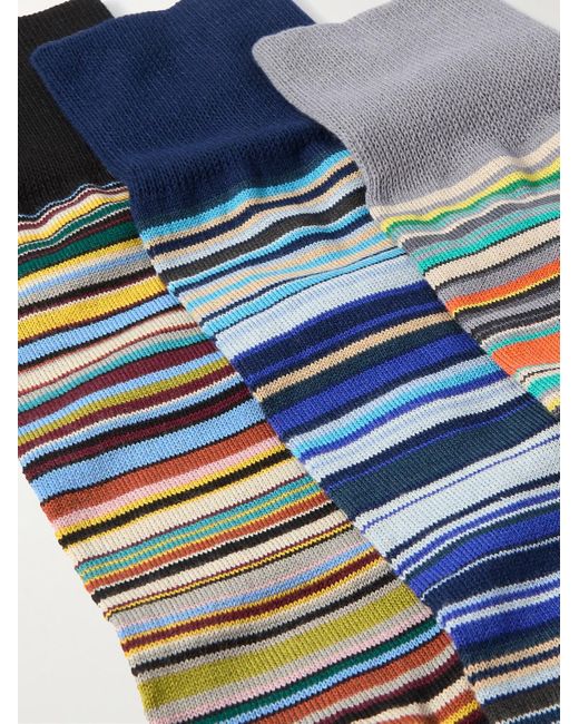 Paul Smith Blue Pack Of Three Striped Cotton-blend Socks for men