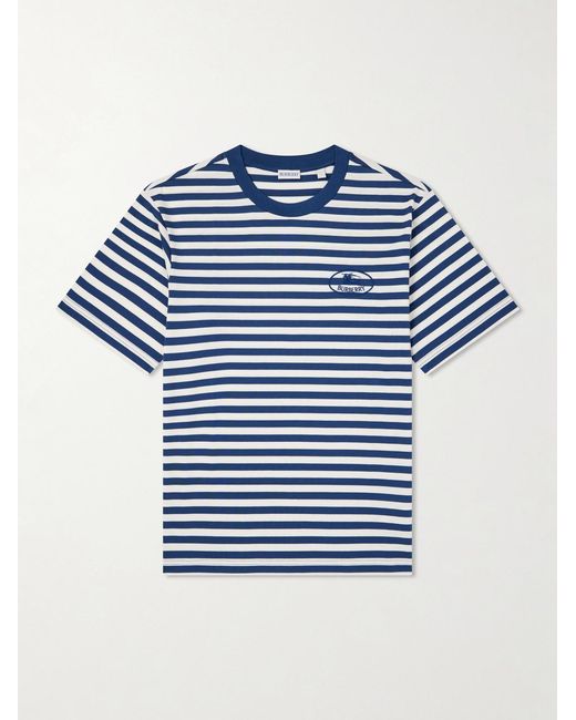 Burberry Blue Ryan Logo-Embroidered Striped Cotton-Blend Jersey T-Shirt for men