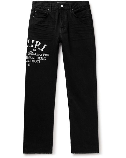 Amiri Black Straight-leg Distressed Leather-trimmed Logo-embroidered Jeans for men