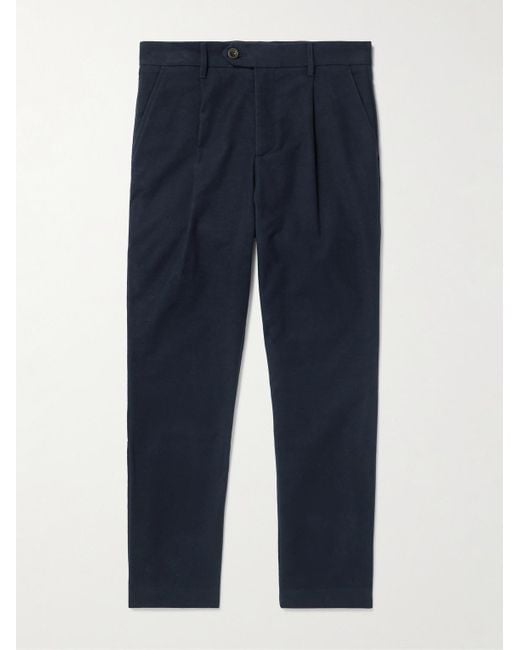 Mr P. Blue Daniel Tapered Pleated Organic Cotton-blend Moleskin Trousers for men
