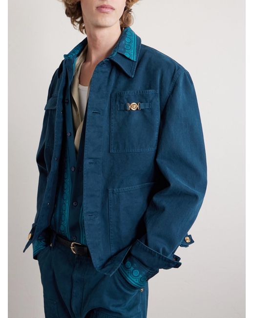 Versace Blue Embellished Cotton-Canvas Blouson Jacket for men
